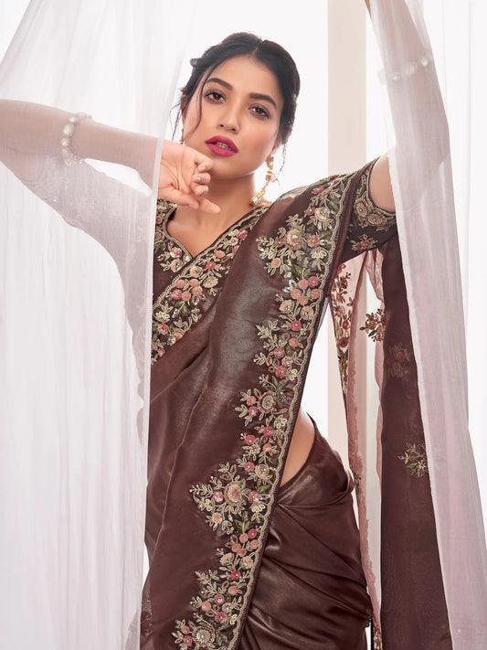 Cocoa Brown Rayana Silk Hand Work & Heavy Cut Work Saree