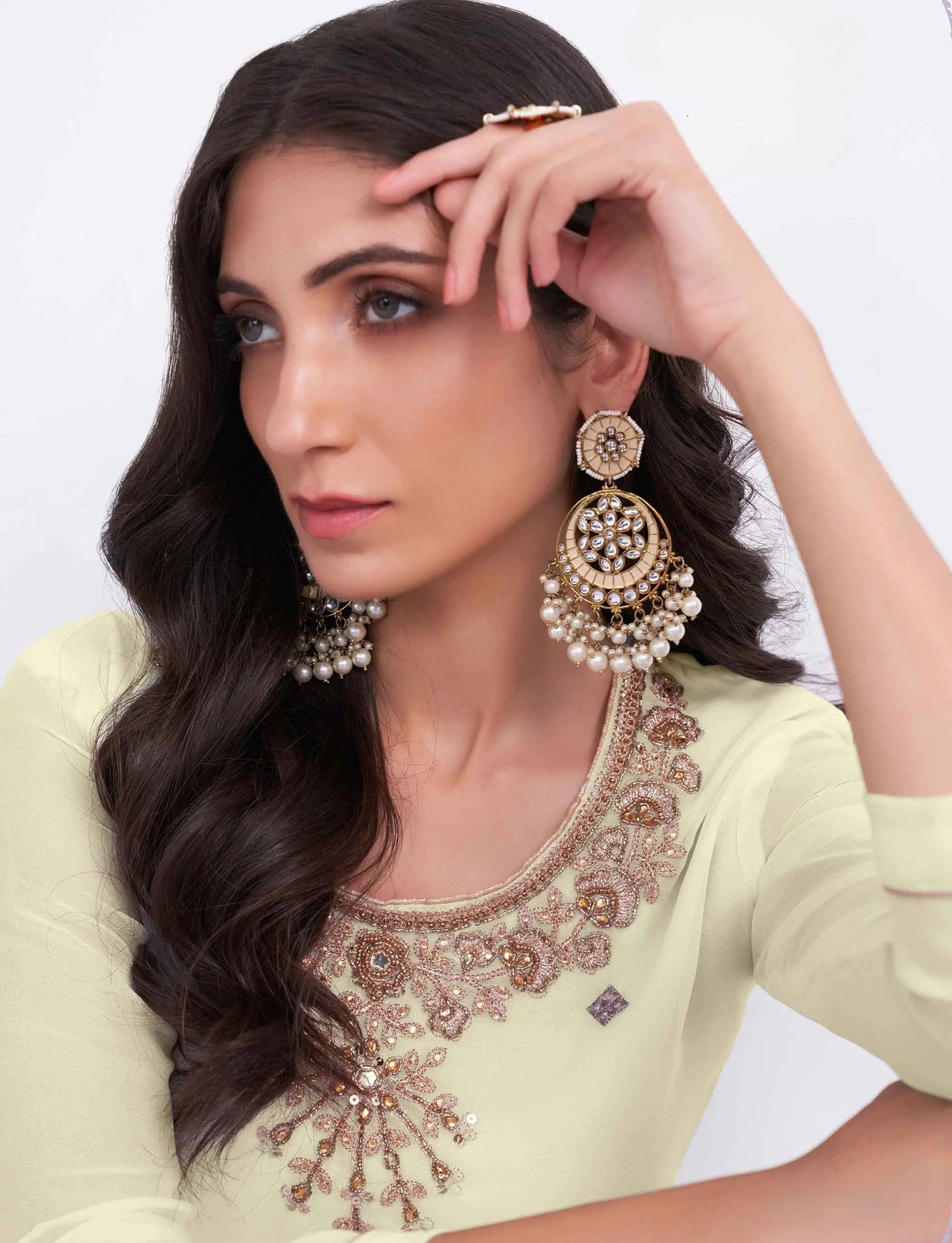 Light Yellow Multi Thread Sequins Embroidery Hand Work Sharara Suit