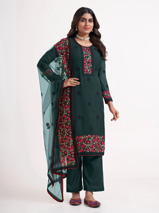 Deep Green Multi thread Zari Sequins Embroidery Floral Work Salwar Suit Set