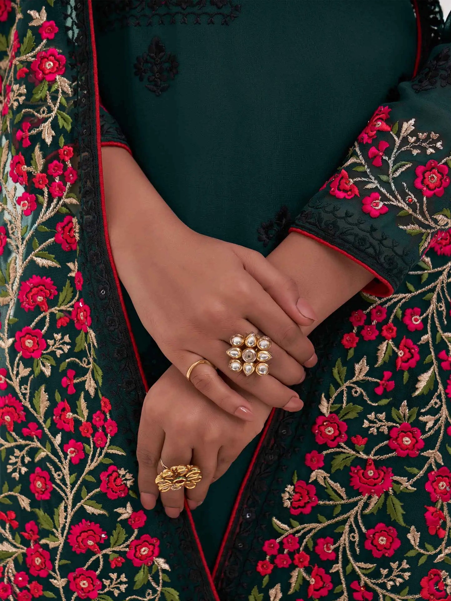 Deep Green Multi thread Zari Sequins Embroidery Floral Work Salwar Suit Set