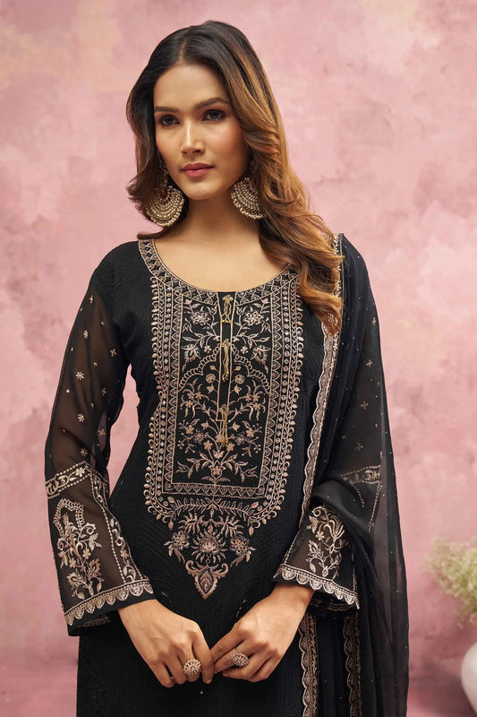 Most Trendy Black Embroidery Work With Khatli Work salwar Suit