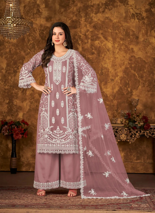 Dusty Peach Net Salwar Suit With Thread & Sequence Embroidery Work