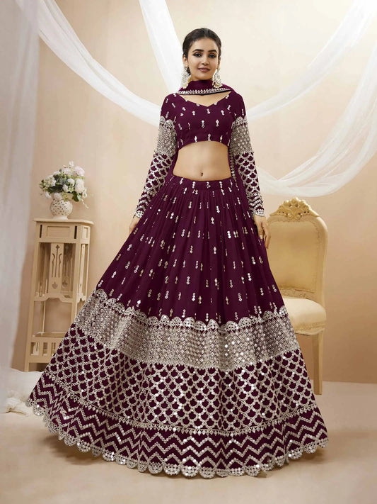 Wine Colored Georgette Lehenga With Sequence And Zari Embroidery Work