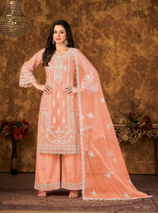 Peach Net Salwar Suit With Thread & Sequence Embroidery Work