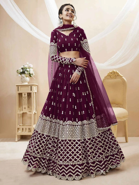 Wine Colored Georgette Lehenga With Sequence And Zari Embroidery Work