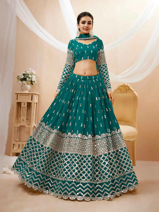 Teal Blue Georgette Lehenga With Sequence And Zari Embroidery Work