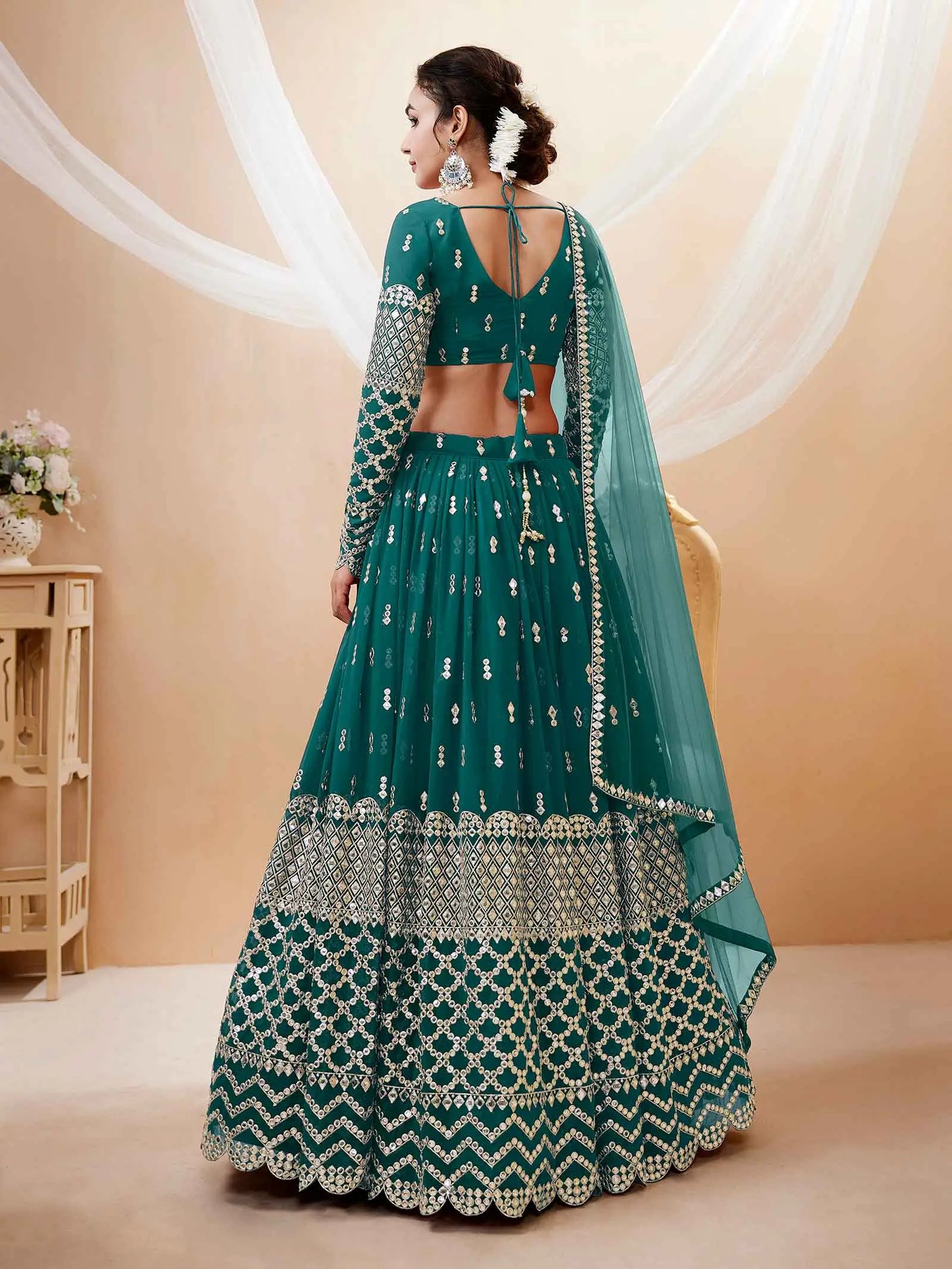 Teal Blue Georgette Lehenga With Sequence And Zari Embroidery Work
