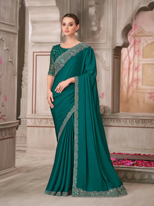Peacock Blue Silk Party Wear Saree With Sequence & Thread Embroidery Work