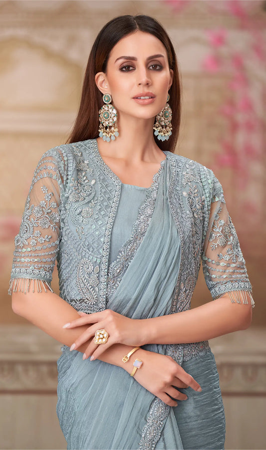 Sky Grey Georgette Party Wear jacket Saree With Sequence & Thread Embroidery Work