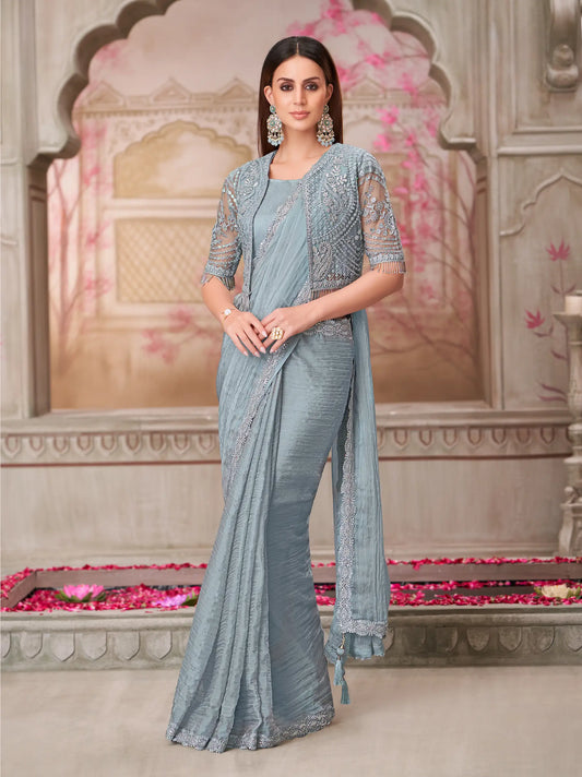 Sky Grey Georgette Party Wear jacket Saree With Sequence & Thread Embroidery Work