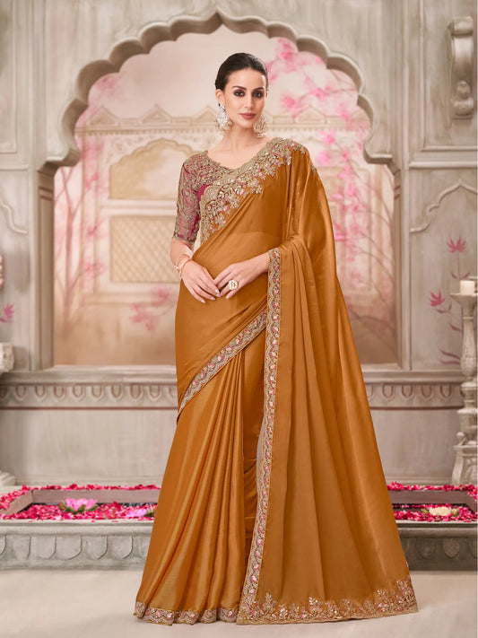 Rust Orange Chiffon Silk Party Wear Saree With Sequence & Thread Embroidery Work
