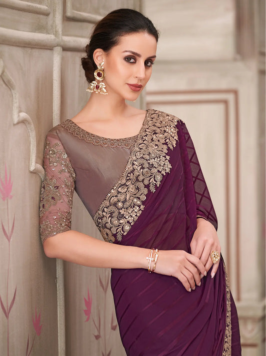 Wine Georgette Party Wear Saree With Sequence & Thread Embroidery Work