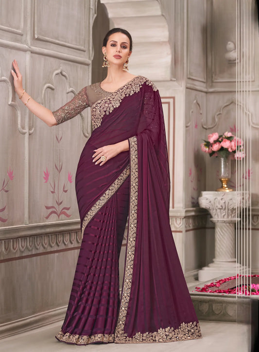 Wine Georgette Party Wear Saree With Sequence & Thread Embroidery Work