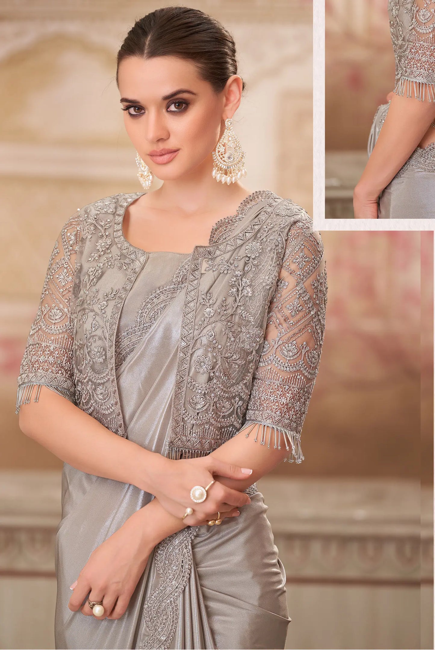 Pearl Grey Georgette Party Wear jacket Saree With Sequence & Thread Embroidery Work