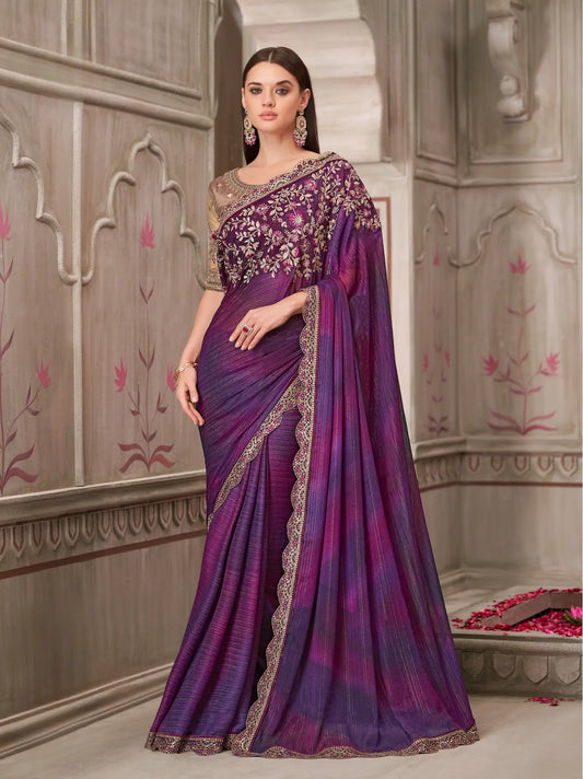 Mulberry Satin Georgette Party Wear Saree With Sequence & Thread Embroidery Work