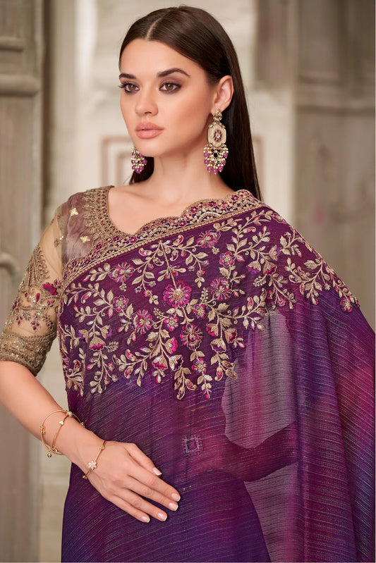 Mulberry Satin Georgette Party Wear Saree With Sequence & Thread Embroidery Work