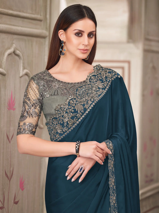 Navy Blue Satin Georgette Party Wear Saree With Sequence & Thread Embroidery Work