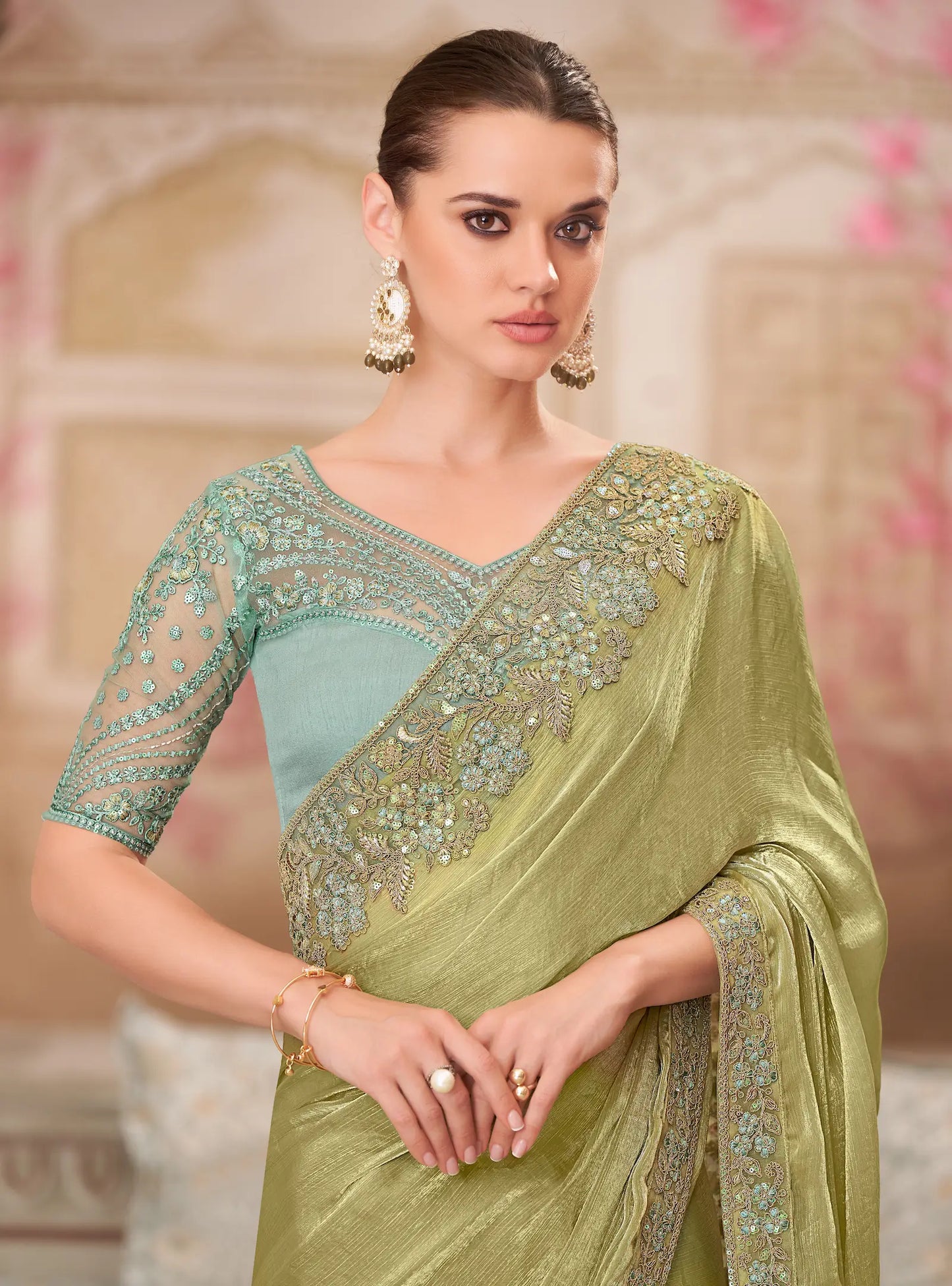 Olive Green Glass Silk Chiffon Party Wear Saree With Sequence & Thread Embroidery Work