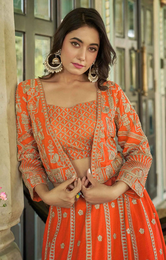 Designer Deep Orange Heavy Embroidery Work Lehenga With Koti