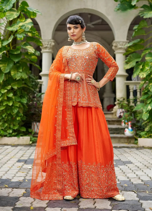 Bright Orange Chinon Mirror Work Salwar Suit