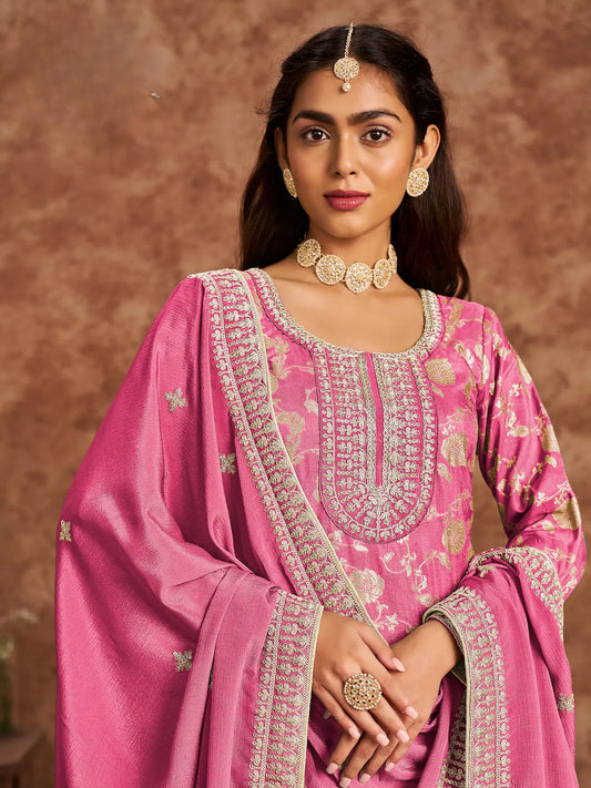 Pink Dola Silk Palazzo Salwar Suit With Thread & Sequins Embroidery Work