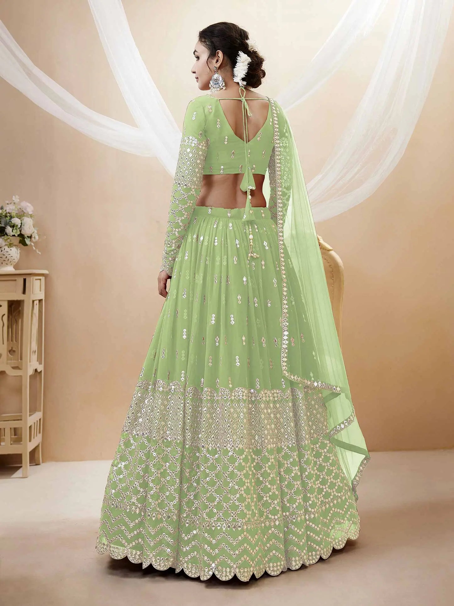 Pista Georgette Lehenga With Sequence Embroidery Work With Soft Net Dupatta
