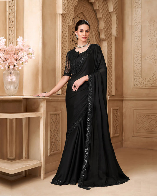 Black Satin Georgette Embroidery Party Wear Jacket Saree