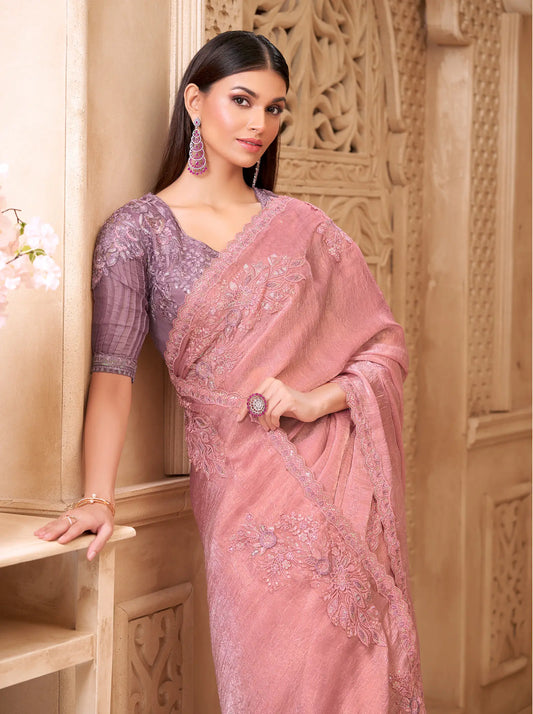Salmon Pink Crush Georgette Embroidery Party Wear Saree