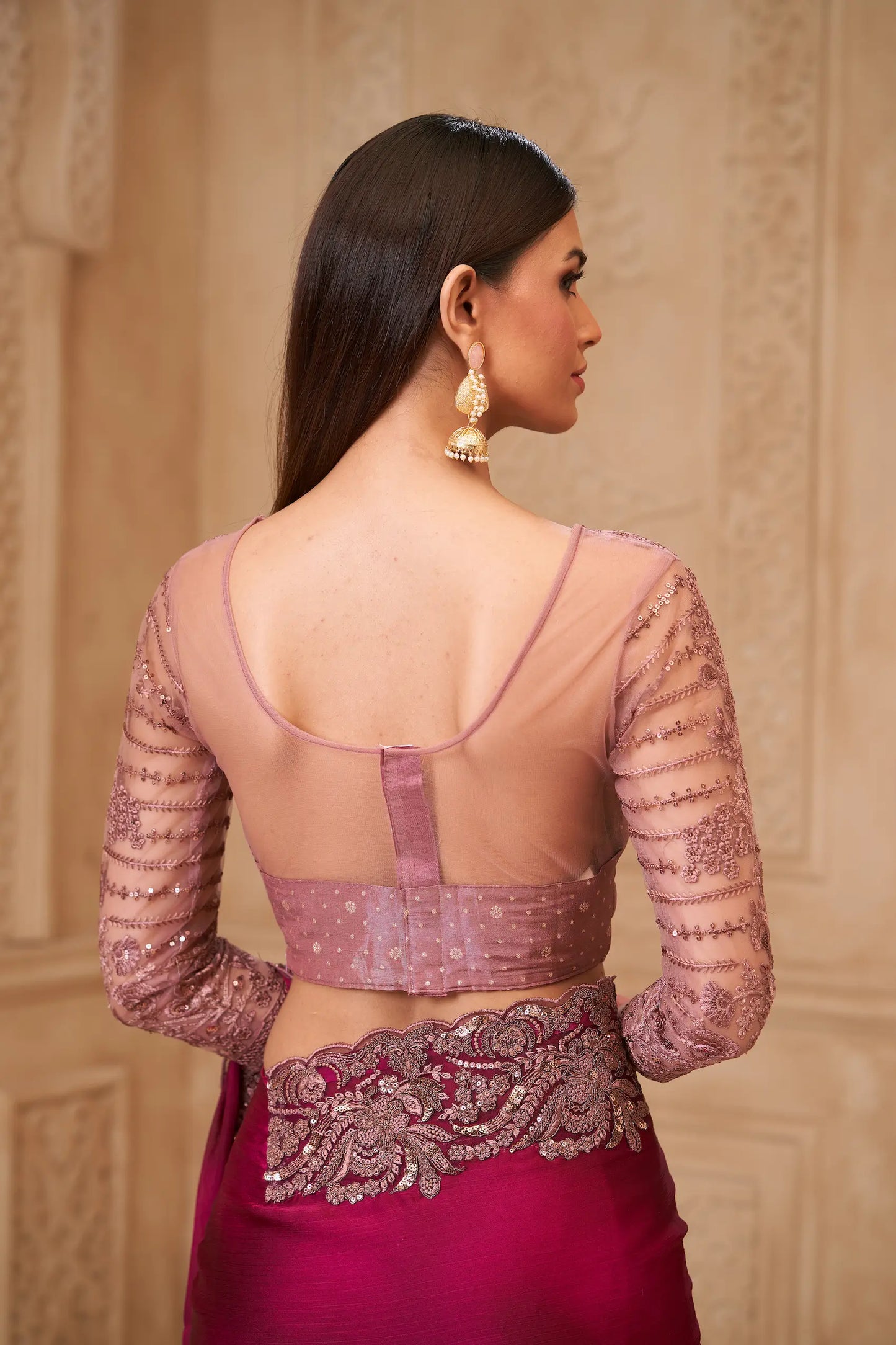 Wine Red Satin Georgette Embroidery Party Wear Saree