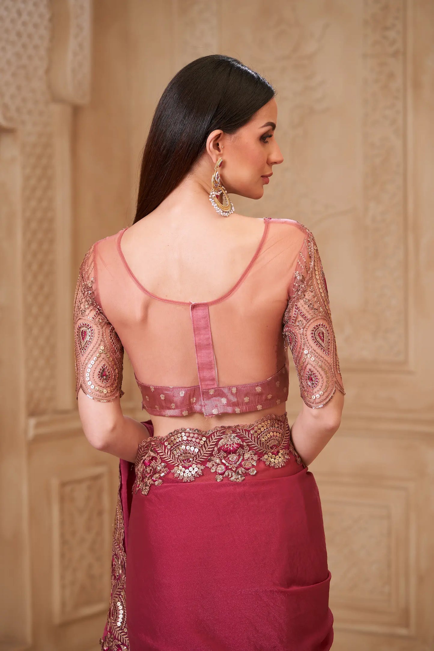 Brick Red Georgette Embroidery Party Wear Saree