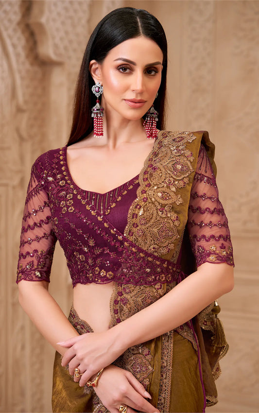 Golden brown Satin Georgette Embroidery Party Wear Saree