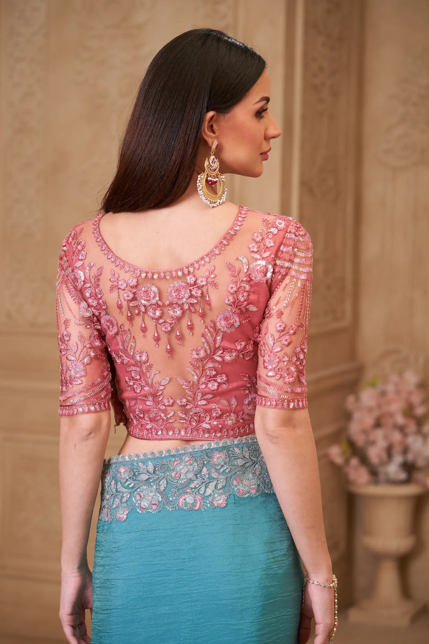 Dusty Teal Crush Georgette Embroidery Party Wear Saree