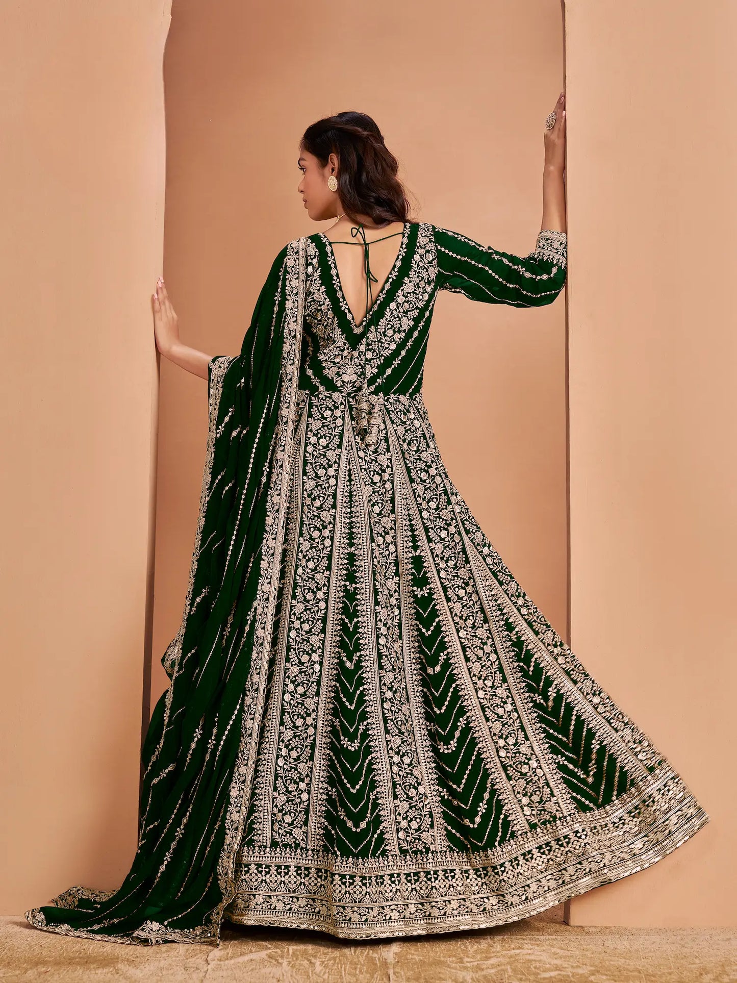 Green Georgette Gown With Sequence & Thread Embroidery Work