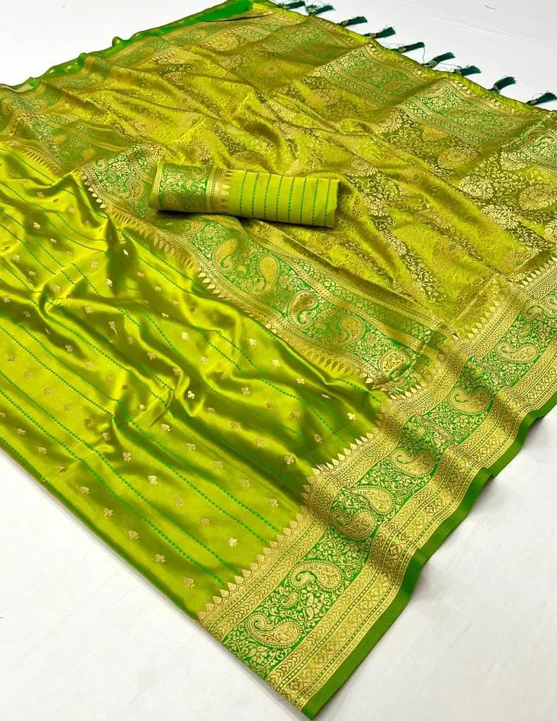 Parrot Green Satin Zari Handloom Weaving Silk Saree