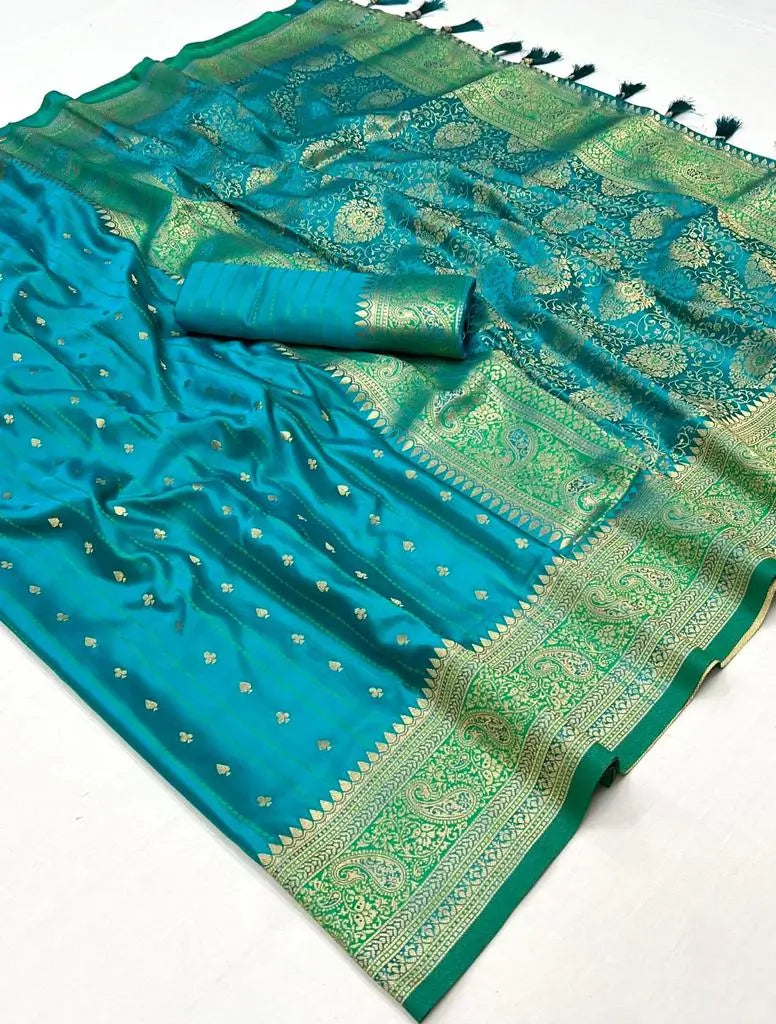 Pacific Blue Satin Zari Handloom Weaving Silk Saree