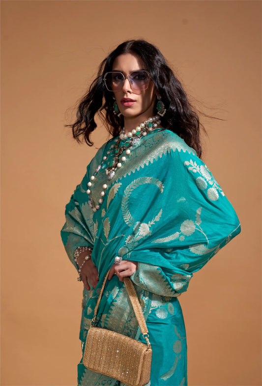 Pacific Blue Georgette Zari Weaving Silk Saree