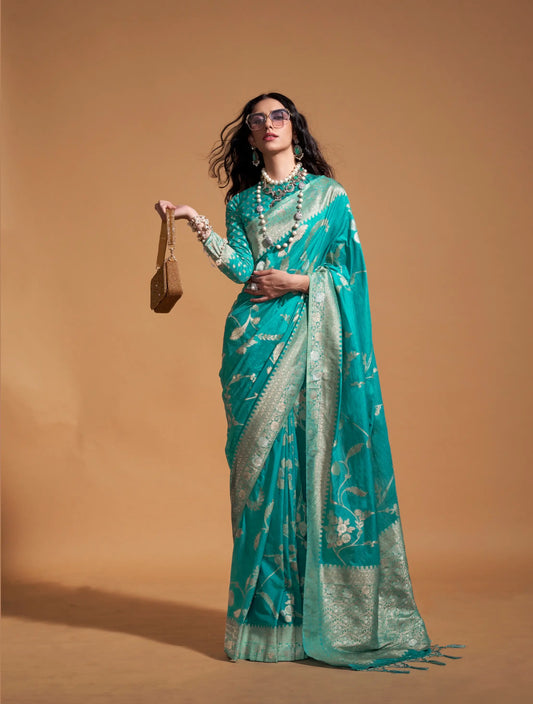 Pacific Blue Georgette Zari Weaving Silk Saree