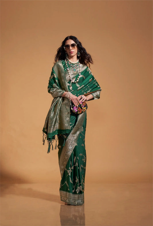Dark Green Georgette Zari Weaving Silk Saree