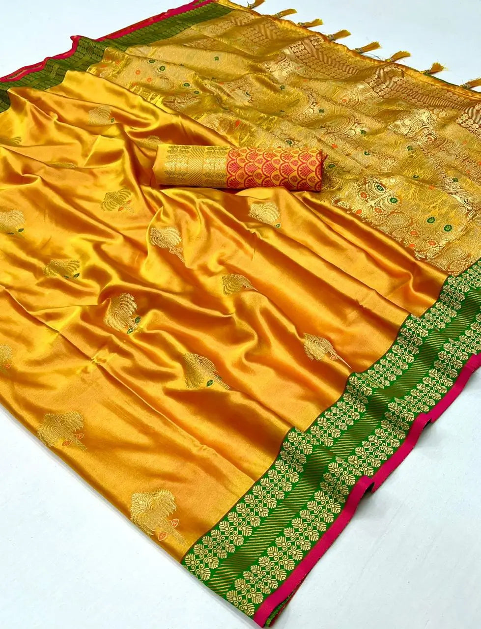 Honey Yellow Satin Handloom Weaving Silk Saree