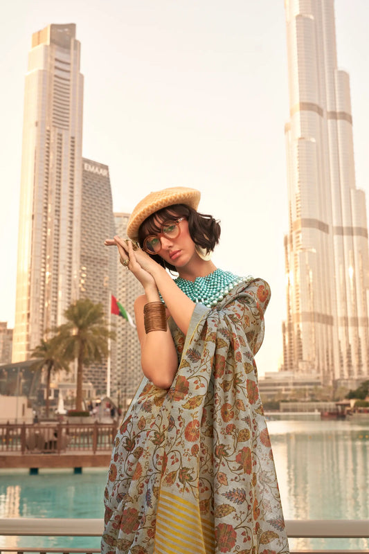 Dusty Grey Tissue Saree with Print & Zari Weaving Work