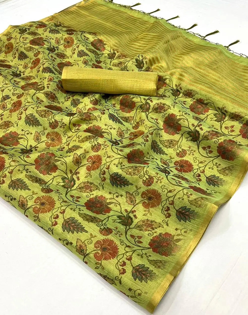 Avocado Green Tissue Saree with Print & Zari Weaving Work