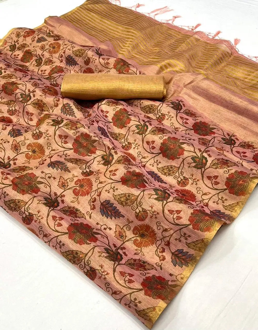 Salmon Pink Tissue Saree with Print & Zari Weaving Work