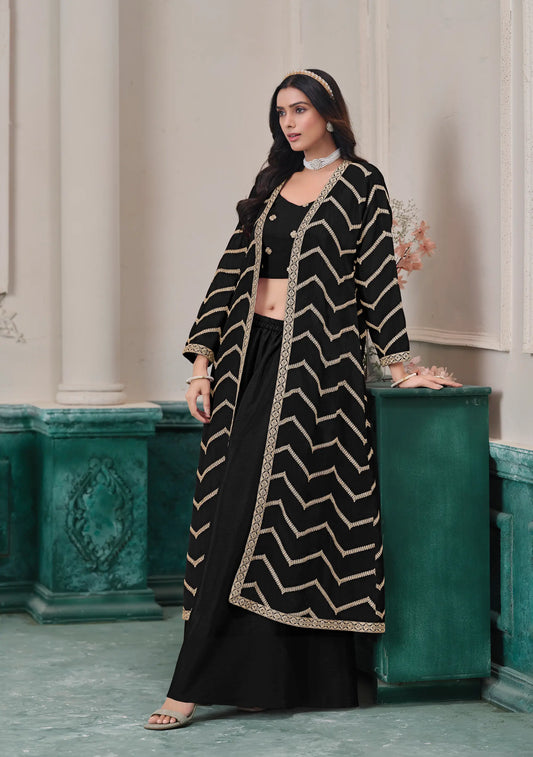 Black Chinon Indo-Western Set With Embroidery Work