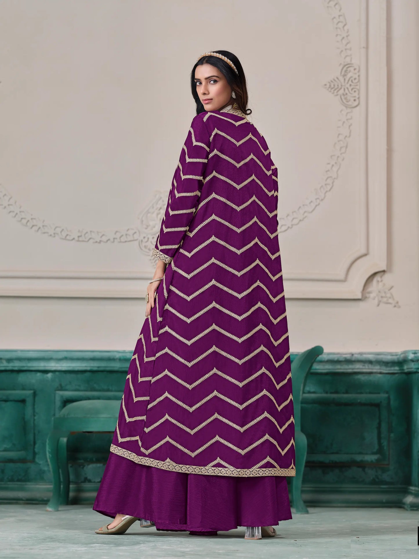 Purple Chinon Indo-Western Set With Embroidery Work