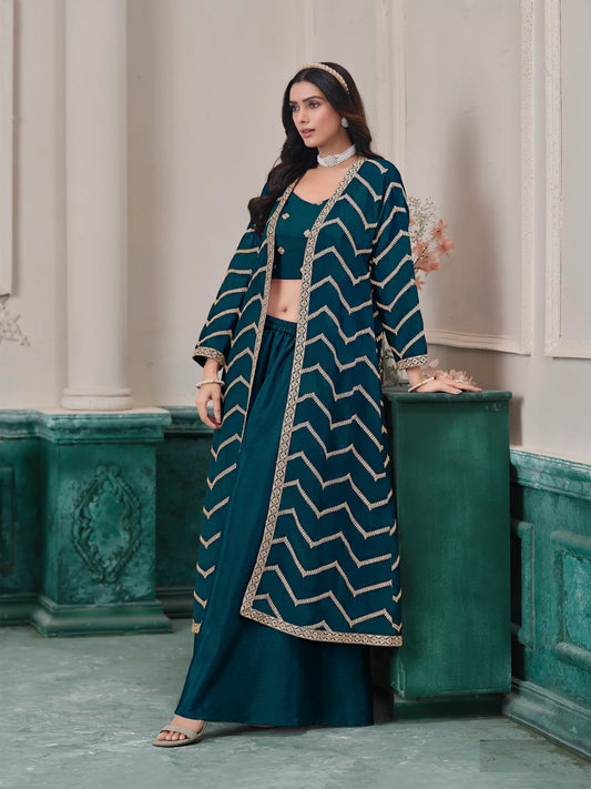 Teal Blue Chinon Indo-Western Set With Embroidery Workv