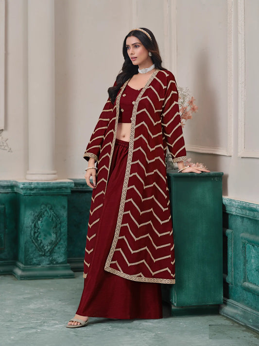 Maroon Chinon Indo-Western Set With Embroidery Work