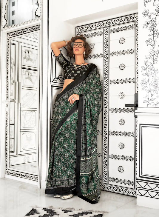 Green Ajrakh Printed Satin Crepe Silk Saree