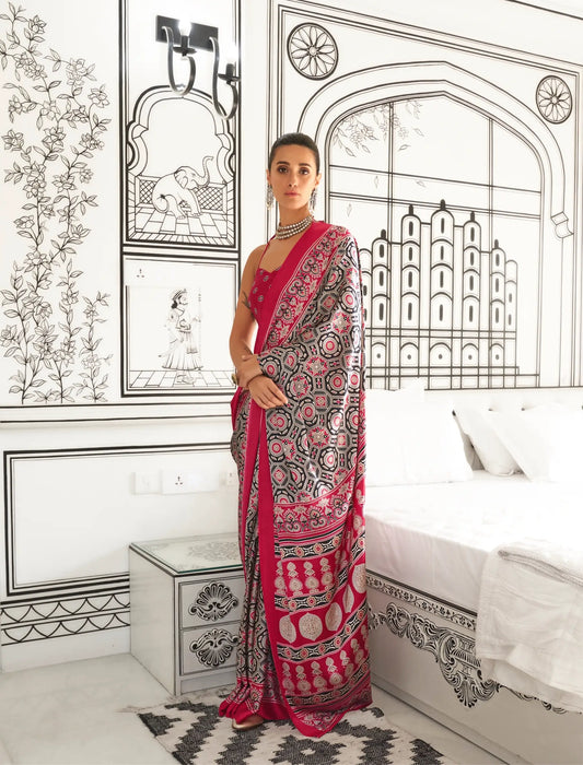 Red-Black Ajrakh Printed Satin Crepe Silk Saree