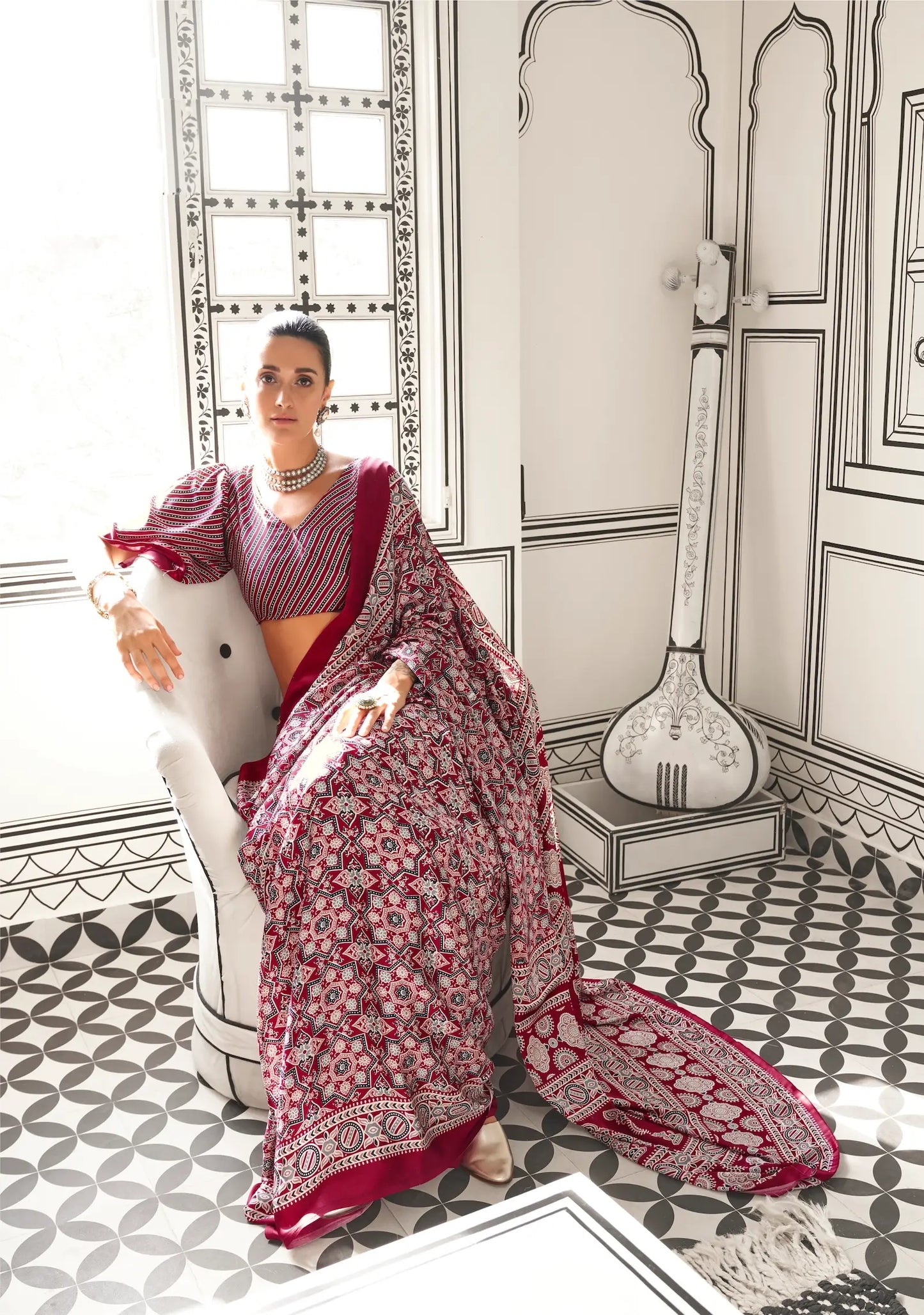 Dark Red Ajrakh Printed Satin Crepe Silk Saree