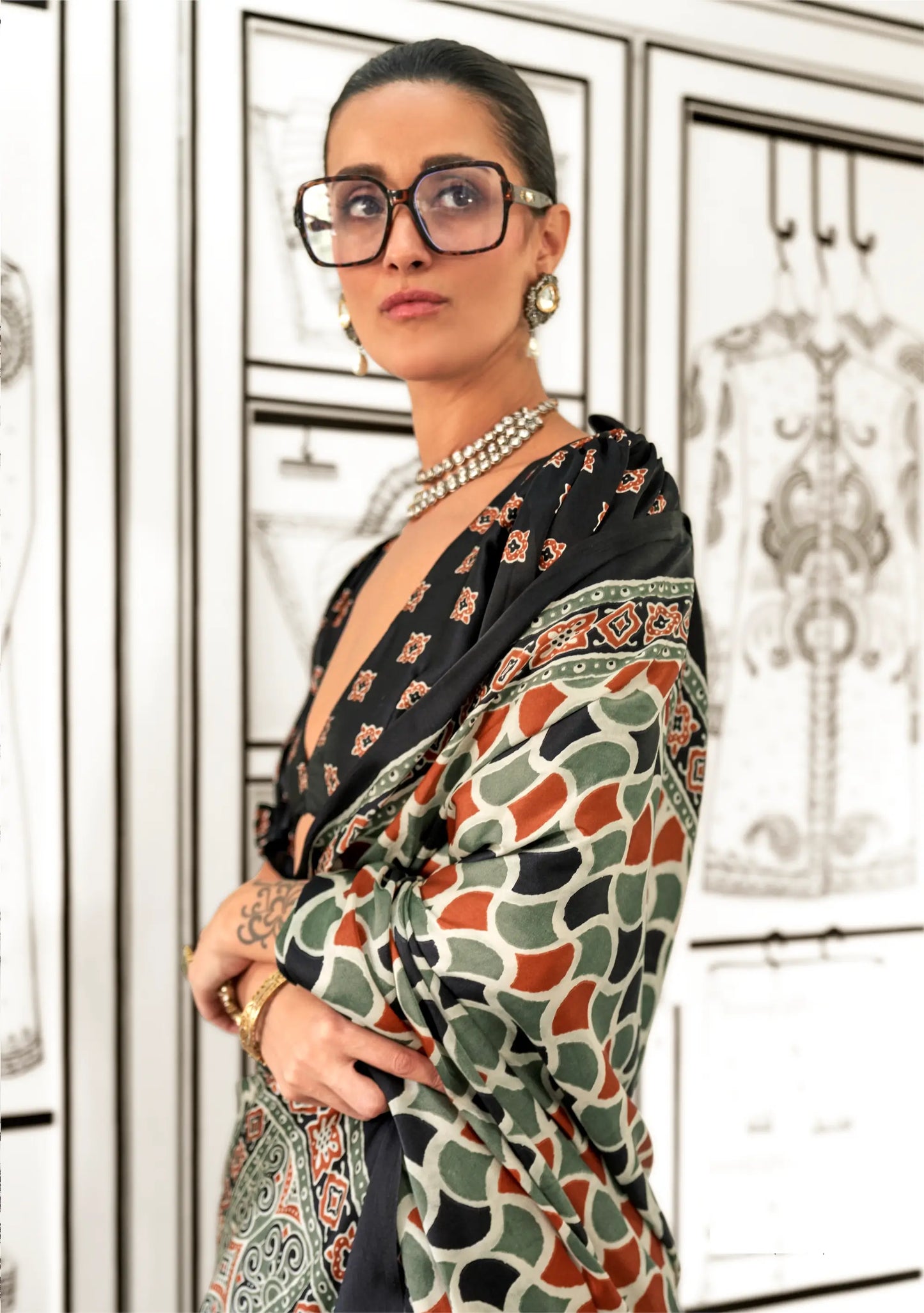 Black-Olive Ajrakh Printed Satin Crepe Silk Saree